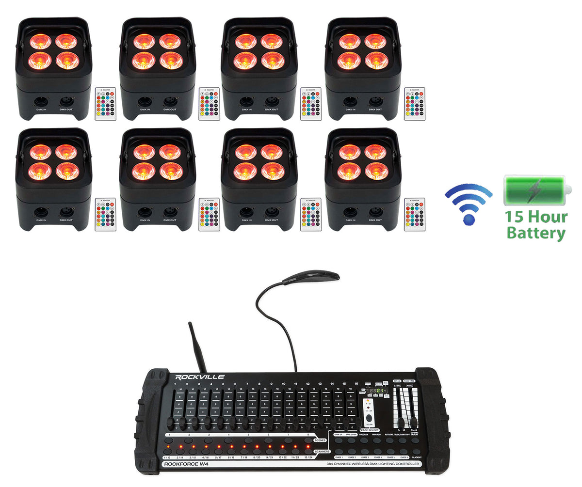 (8) Rockville BEST PAR 50 Battery Wash Lights Wireless DMX+384 Ch. Controller