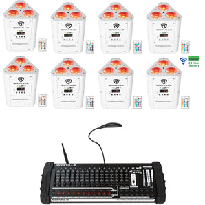 (8) Rockville RockWedge White LED Battery Lights+384 Ch. Wireless DMX Controller