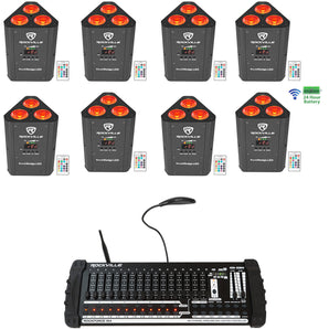 (8) Rockville RockWedge LED Battery Lights+384 Channel Wireless DMX Controller