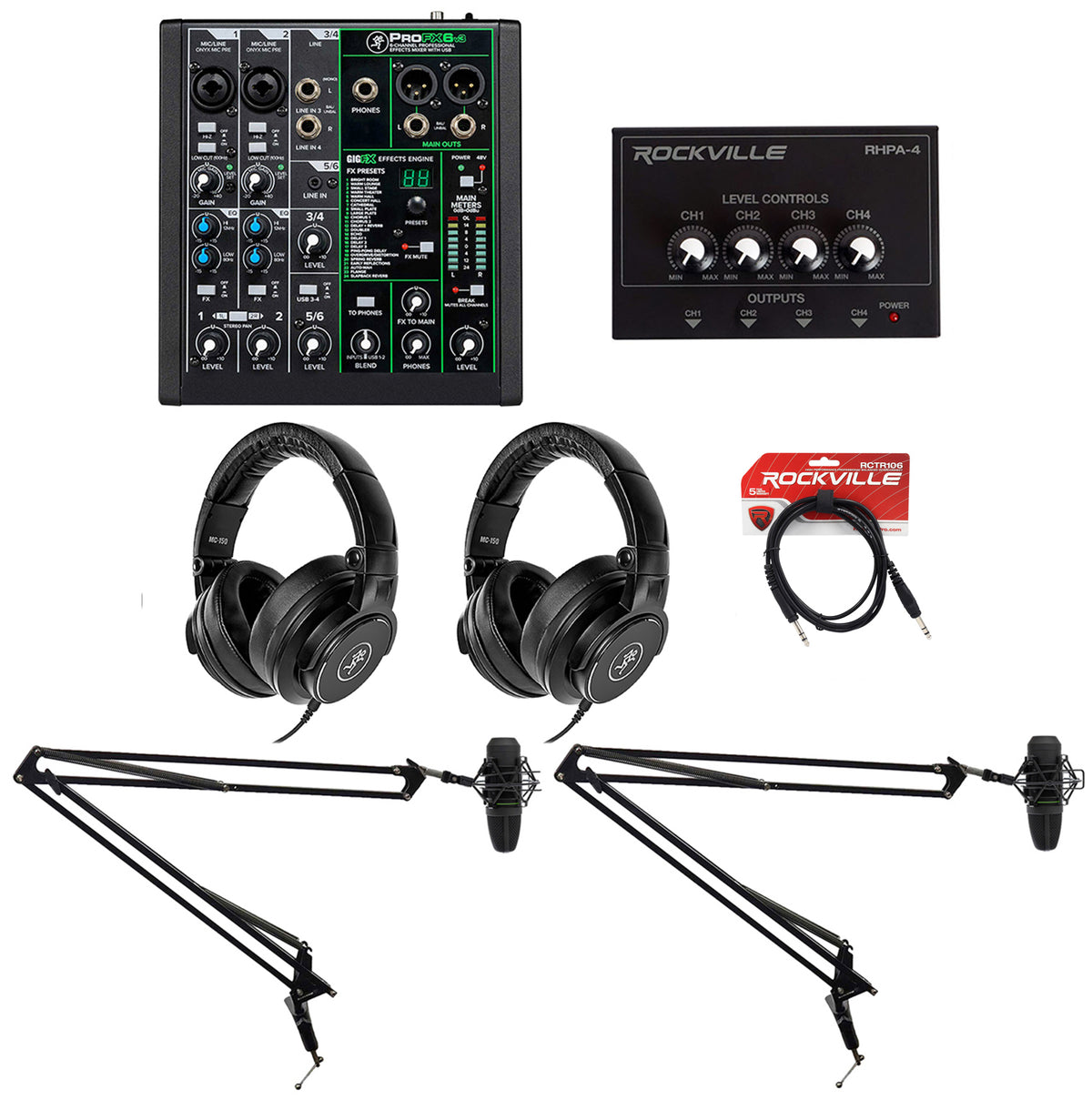 2-Person Podcast Podcasting Recording Kit w/Mackie ProFX6v3+EM-91C Mics+Booms