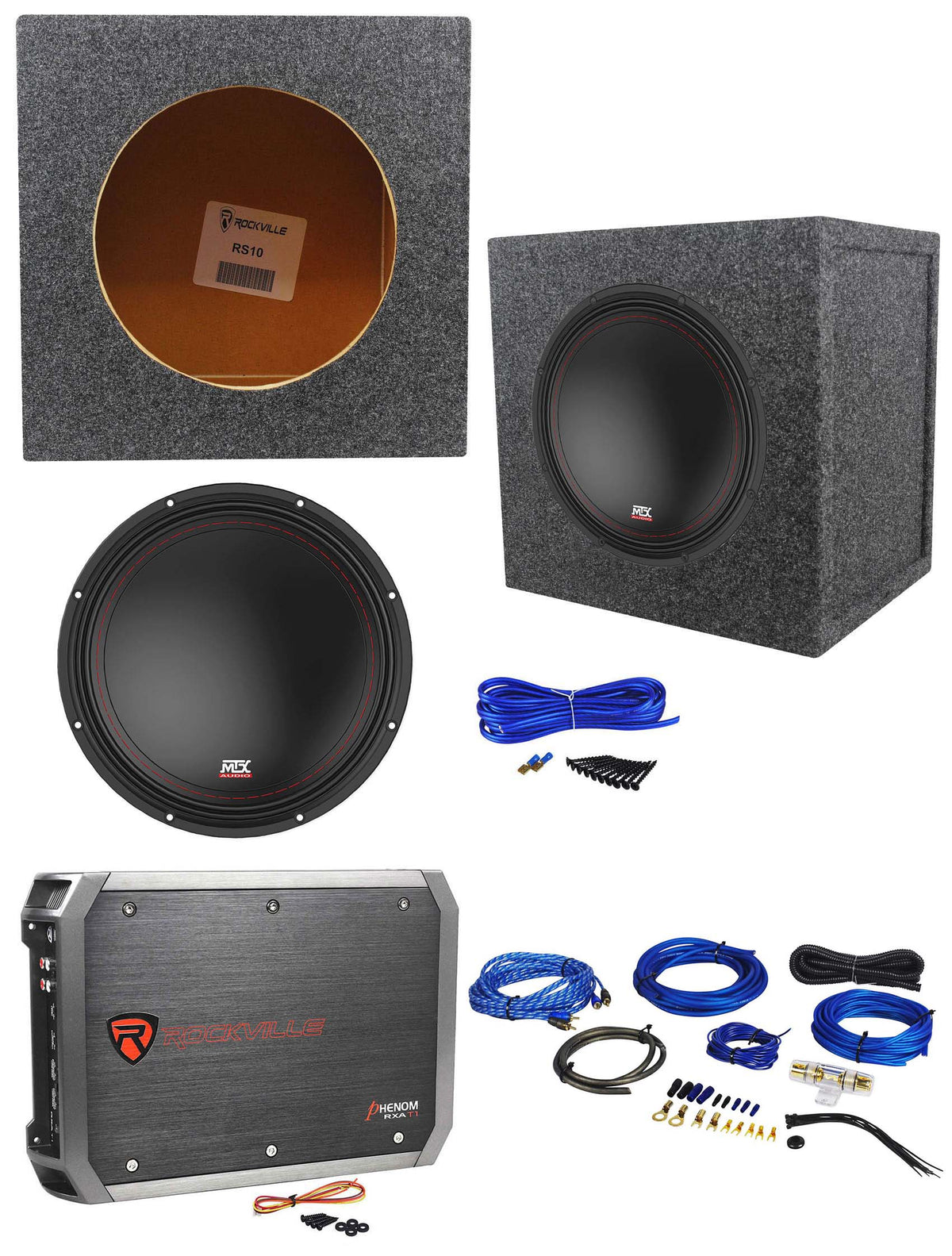 MTX 3510-04 10" 500w Subwoofer+Sealed Sub Box Enclosure+Amplifier+Amp Wire Kit