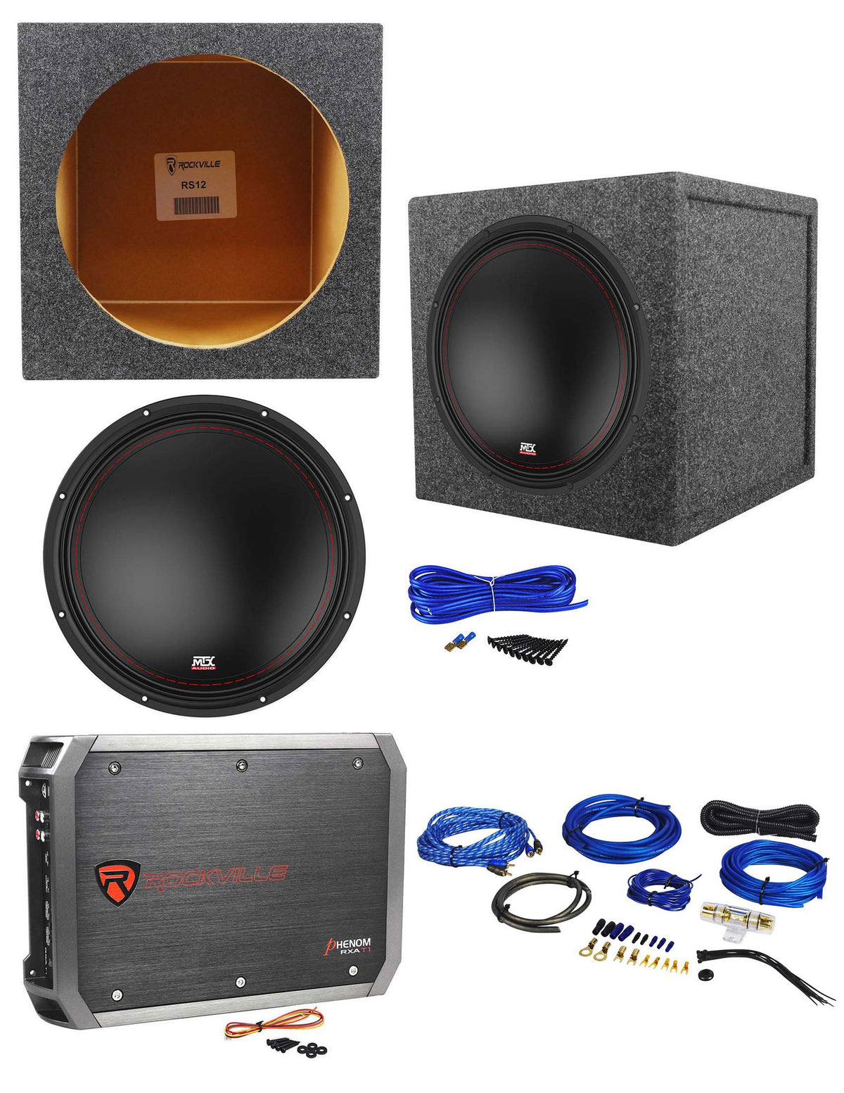 MTX 3512-04 12" 500w Subwoofer+Sealed Sub Box Enclosure+Amplifier+Amp Wire Kit