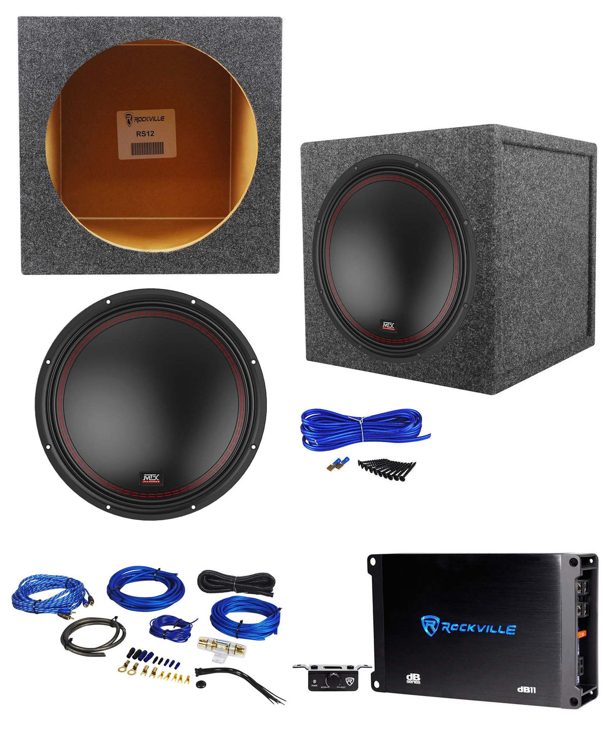 MTX 5512-44 12" 800 Watt DVC Car Subwoofer+Sealed Sub Box+Mono Amplifier+Amp Kit