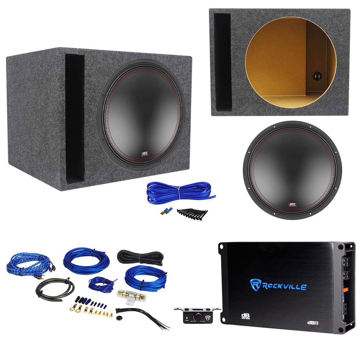 MTX 5515-44 15" 800 Watt DVC Car Subwoofer+Vented Sub Box+Mono Amplifier+Amp Kit