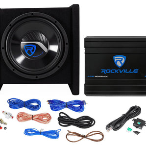 Rockville RV10.1D 500w 10" Loaded Car Subwoofer Enclosure+Mono Amplifier+Amp Kit