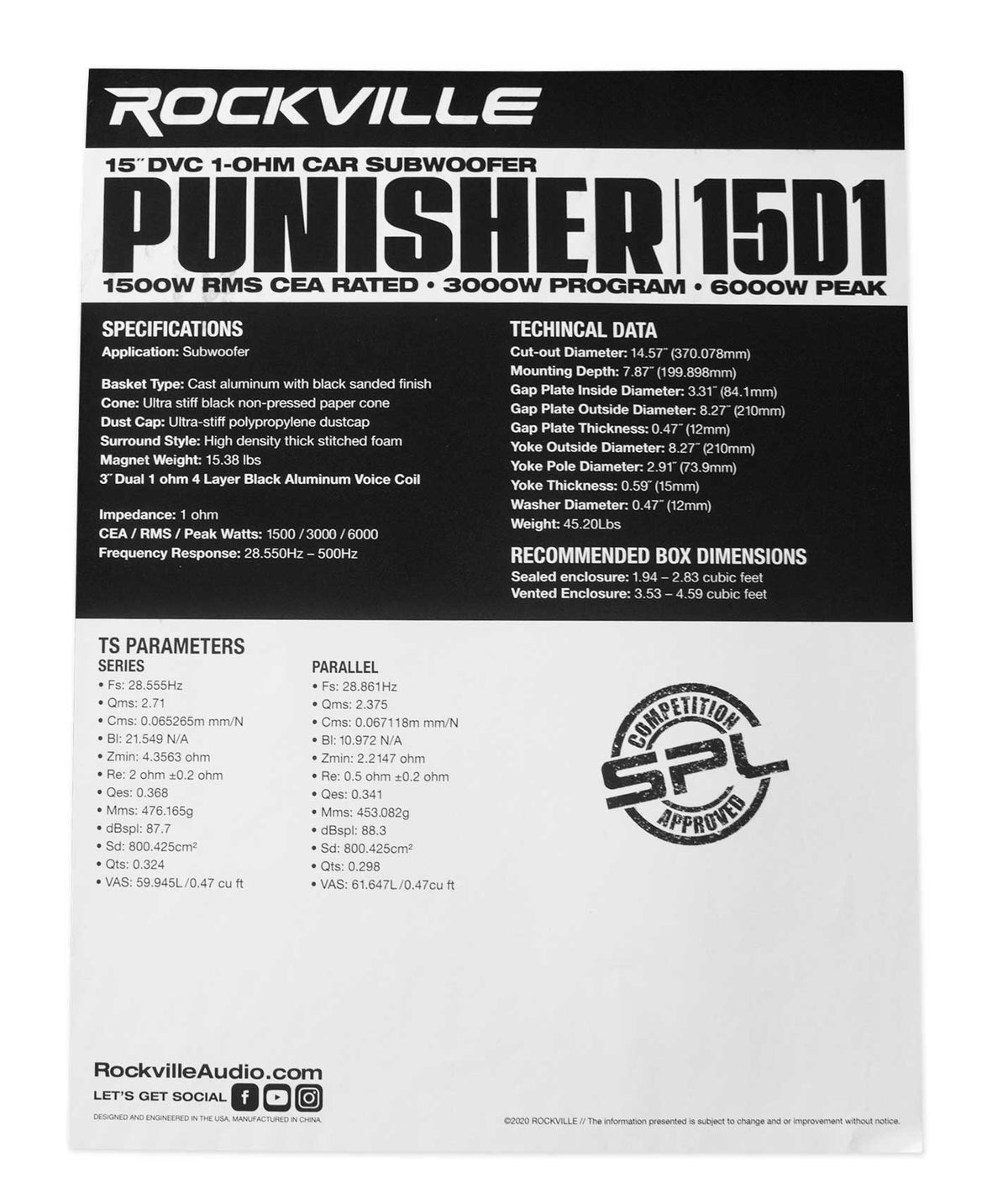 Rockville Punisher 15D1 15" 6000w Competition Car Audio Subwoofer Dual 1-Ohm Sub