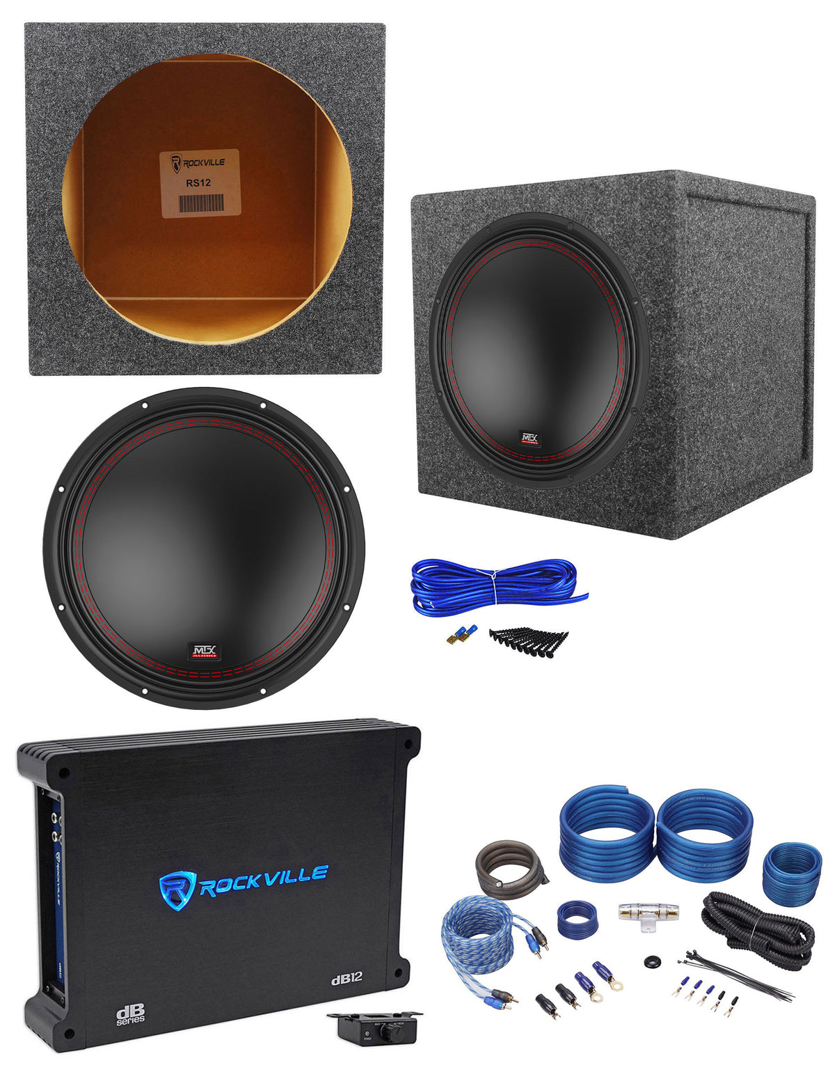 MTX 5512-44 12" 800w Subwoofer+Sealed Sub Box Enclosure+Mono Amplifier+Amp Kit