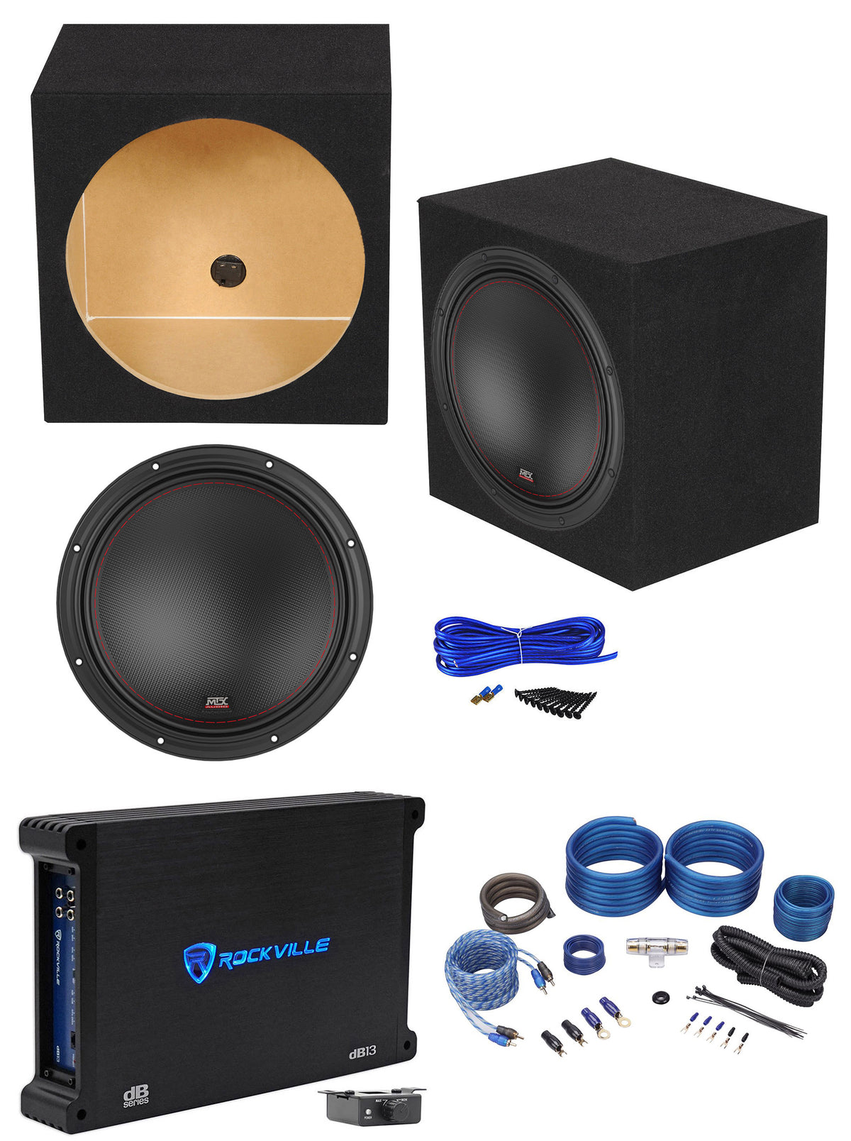 MTX 7512-44 12" 1500w Subwoofer+Sealed Sub Box Enclosure+Mono Amplifier+Amp Kit