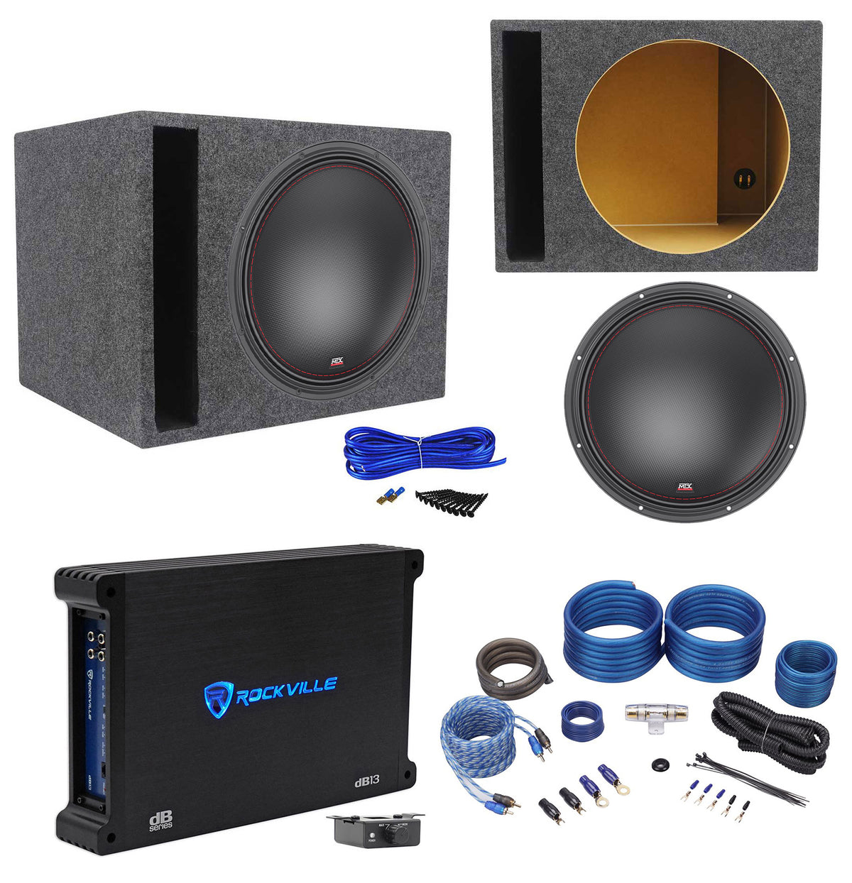 MTX 7515-44 15" 750w RMS Subwoofer+Vented Sub Box Enclosure+Mono Amplifier+Wires