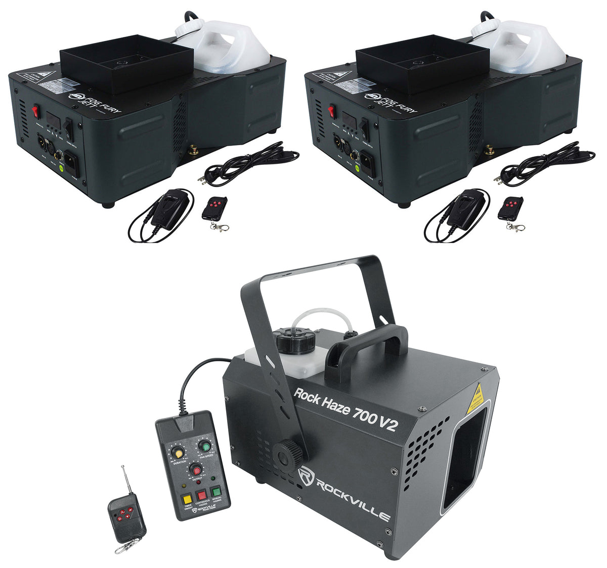 (2) Fog Fury Jett 700W Vertical Fog Machines+700 CFM Hazer