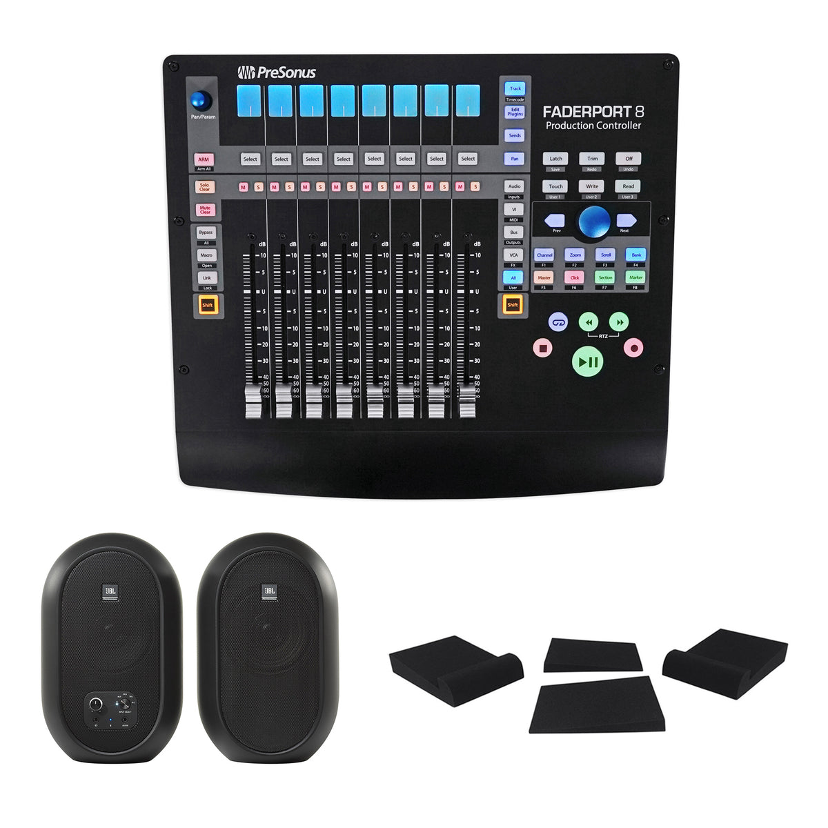 FaderPort 8 DAW Controller + JBL Studio Monitors + Isolation Pads