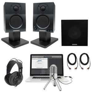 Samson 3" Podcasting Podcast Recording Monitors+Stands+Sub+Headphones+Meteor Mic