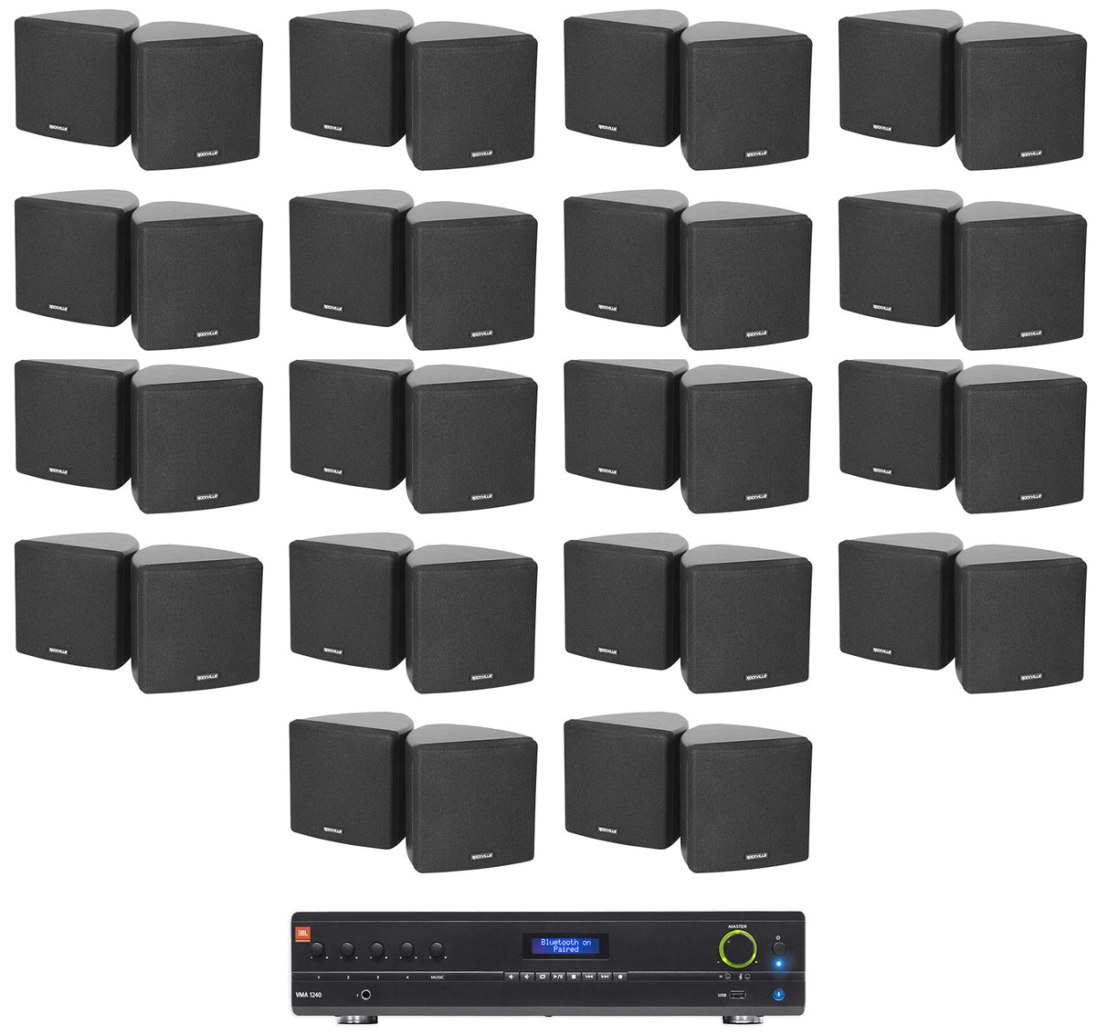 JBL VMA1240 Commercial/Restaurant 240W Amplifier+(36) Black 70v Cube Speakers