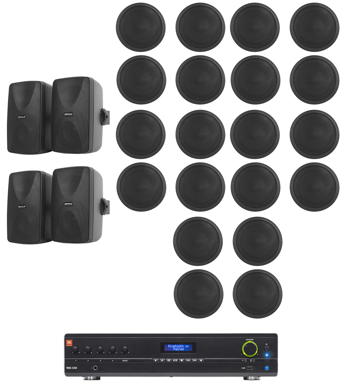 JBL VMA1240 Commercial/Restaurant Receiver+4) Wall+20) Ceiling Speakers in Black
