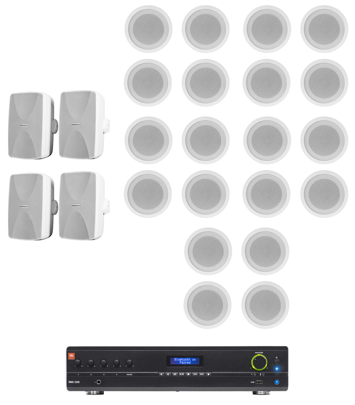 JBL VMA1240 Commercial/Restaurant Receiver+4) Wall+20) Ceiling Speakers in White