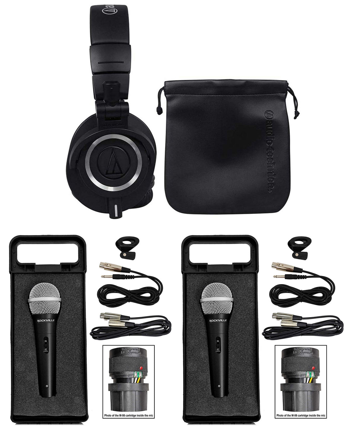 ATH-M50X Studio Headphones & Two RMC-XLR Handheld Microphones Bundle