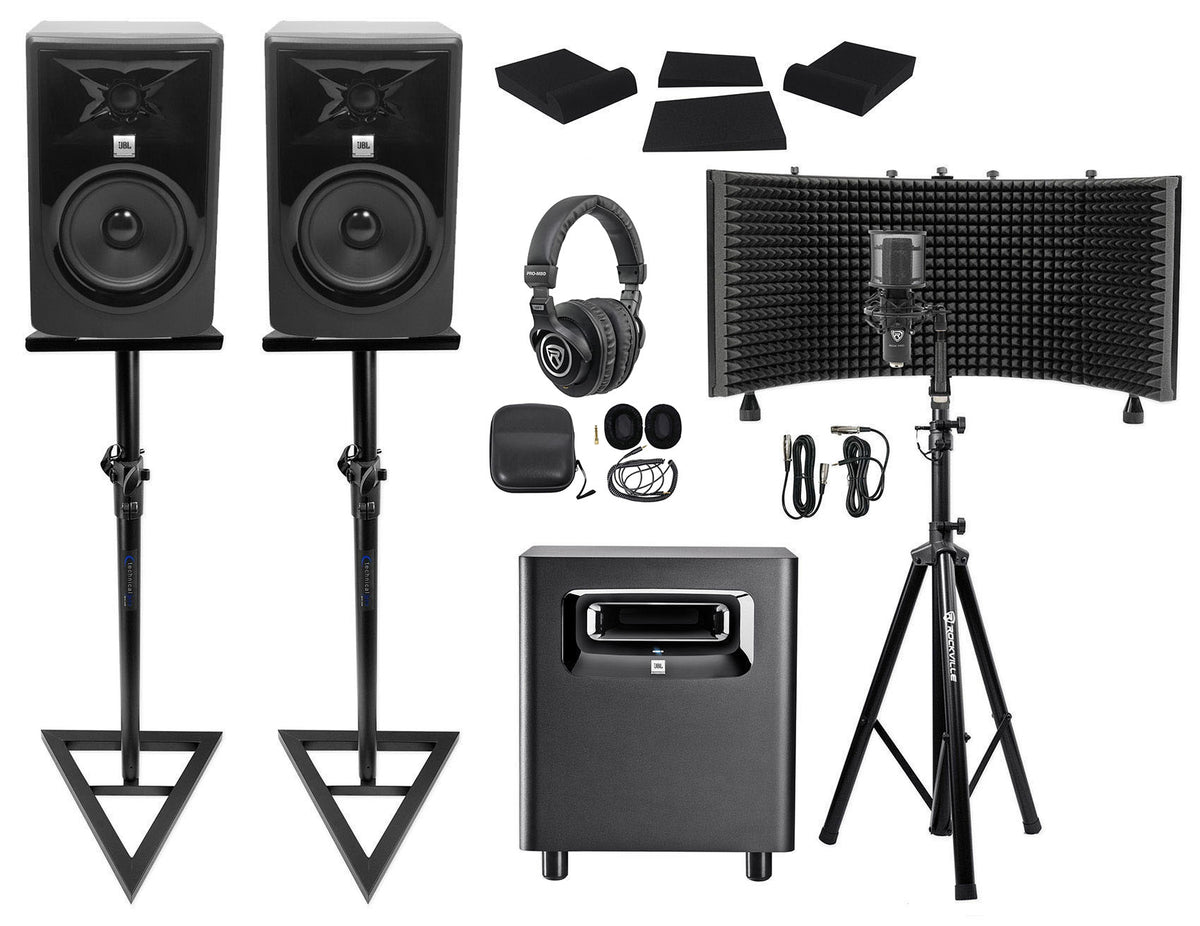 (2) 306P MkII Studio Bundle With Subwoofer, Mic, Vocal Shield + Stand