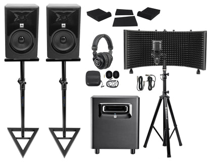 (2) 306P MkII Studio Bundle With Subwoofer, Mic, Vocal Shield + Stand