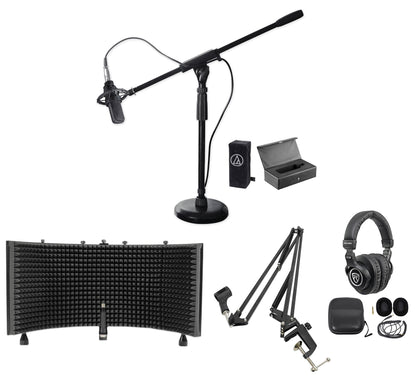 AT4033A Condenser Microphone, PRO-M50 Headphones, Isolation Shield & Boom Stand Bundle