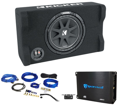 KICKER 48CDF104 Comp12 10" 300w Down Firing Car Subwoofer+Mono Amplifier+Amp Kit