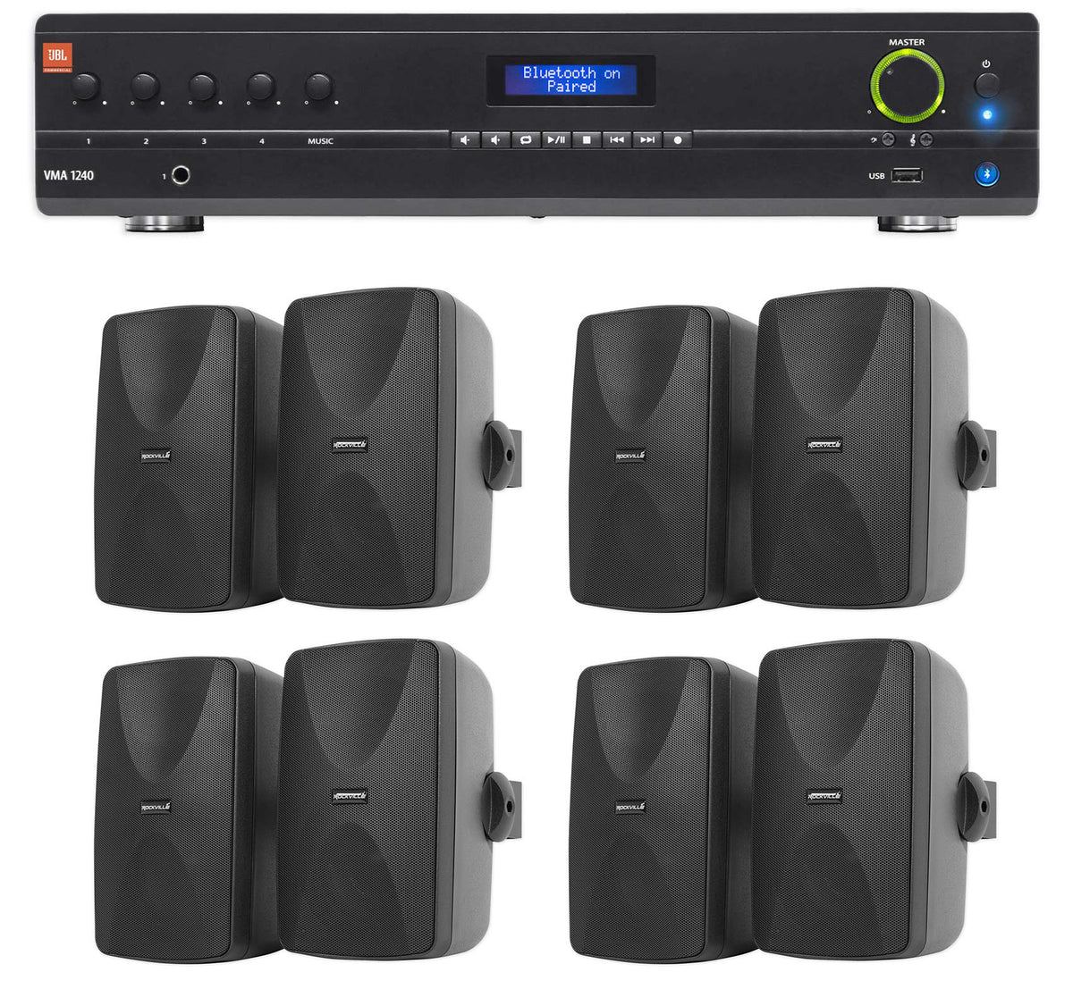 JBL VMA1240 Commercial/Restaurant 70v Bluetooth Mixer/Amplifier+8) Wall Speakers