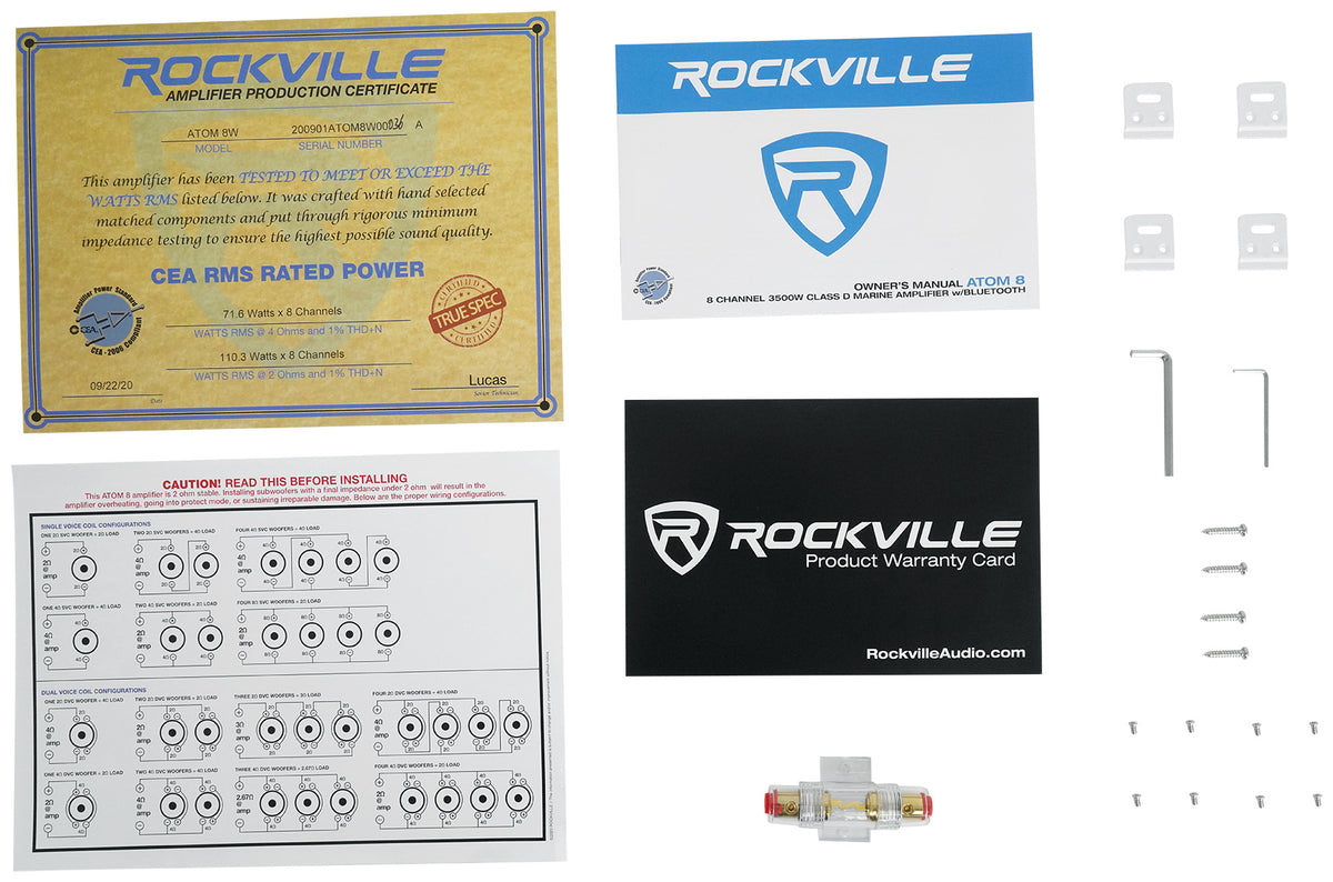 Rockville ATOM 8W 8 Channel 3500 Watt Marine/Boat Amplifier Amp w/Bluetooth