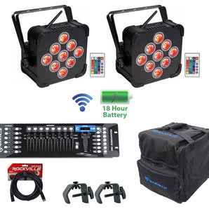(2) Rockville BEST PAR 60 Rechargable Wash Lights w/ Wireless DMX+Bag+Controller
