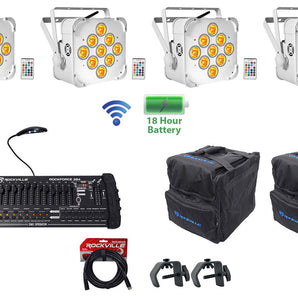 (4) BEST PAR 60 White Rechargeable Wash Lights w/ Wireless DMX+Bags+Controller