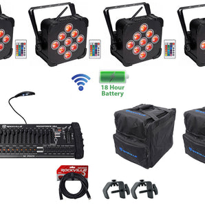 4) Rockville BEST PAR 60 Rechargable Wash Lights w/ Wireless DMX+Bags+Controller