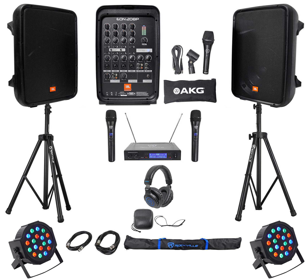 JBL EON208P 8" Powered Bluetooth Speakers+Mixer+Stands+Wireless Mics+Headphones