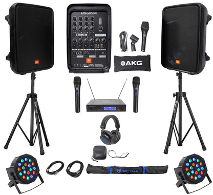 JBL EON208P 8" Powered Bluetooth Speakers+Mixer+Stands+Wireless Mics+Headphones