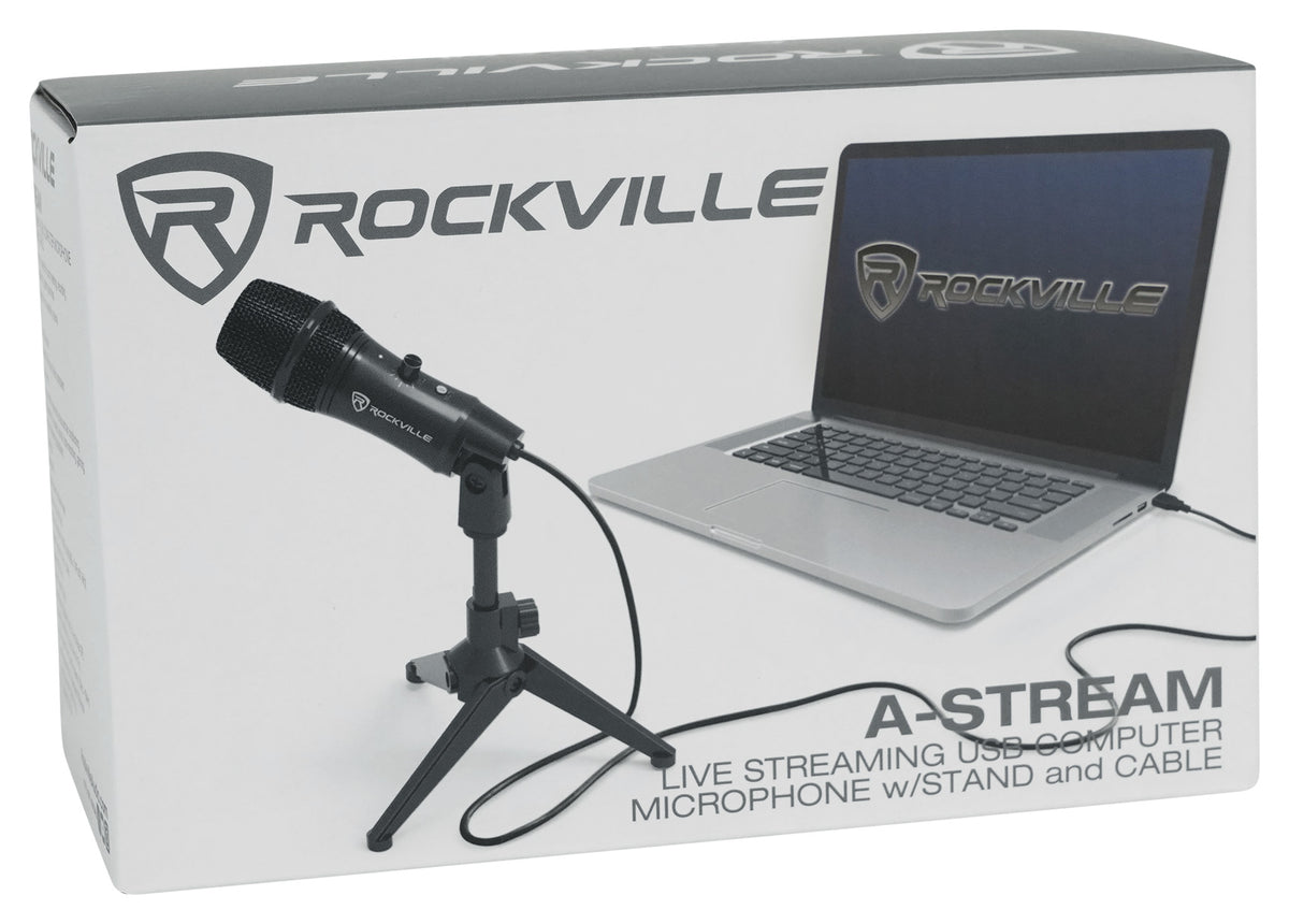 Rockville A-STREAM Live Streaming USB Microphone w Gain+Mute Control+Stand+Cable