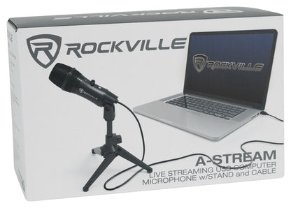 Rockville A-STREAM Live Streaming USB Microphone w Gain+Mute Control+Stand+Cable