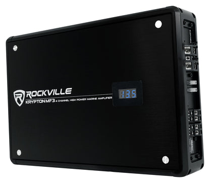 (4) 45KM84L 8" 1200W Marine LED Speakers, Black Pods + Amplifier + Kit
