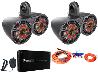Pair Dual 43KM654LCW 6.5" 780W LED Wakeboard Speakers + 4-Channel Amplifier