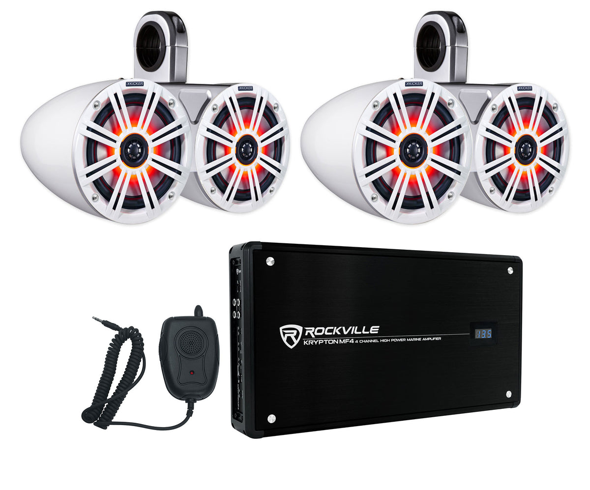 Pair Dual 43KM654LCW 6.5" 780W LED Wakeboard Speakers & 4-Channel Amplifier
