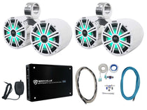 (4) 45KM84L 8" 1200W Marine LED Speakers, Polished Silver Pods + Amplifier + Kit
