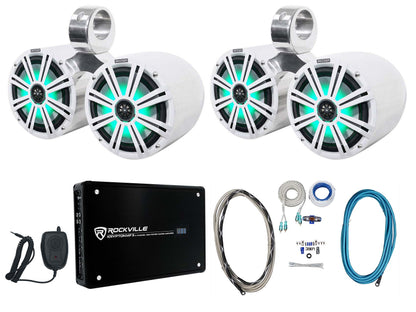 (4) 45KM84L 8" 1200W Marine LED Speakers, Polished Silver Pods + Amplifier + Kit