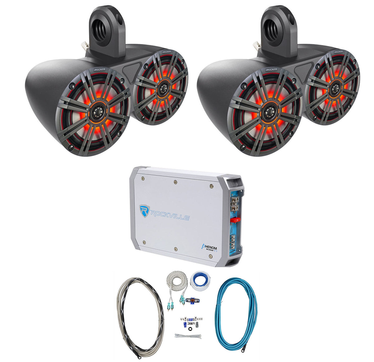 Pair Dual 43KM654LCW 6.5" 780W LED Wakeboard Speakers + 2-Channel Amplifier