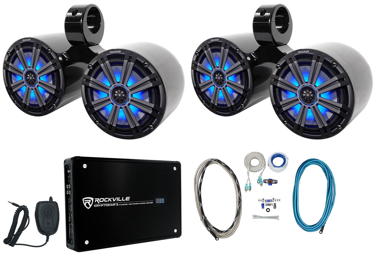 (4) 45KM84L 8" 1200W Marine LED Speakers, Black Pods + Amplifier + Kit