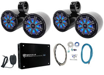 (4) 45KM84L 8" 1200W Marine LED Speakers, Black Pods + Amplifier + Kit