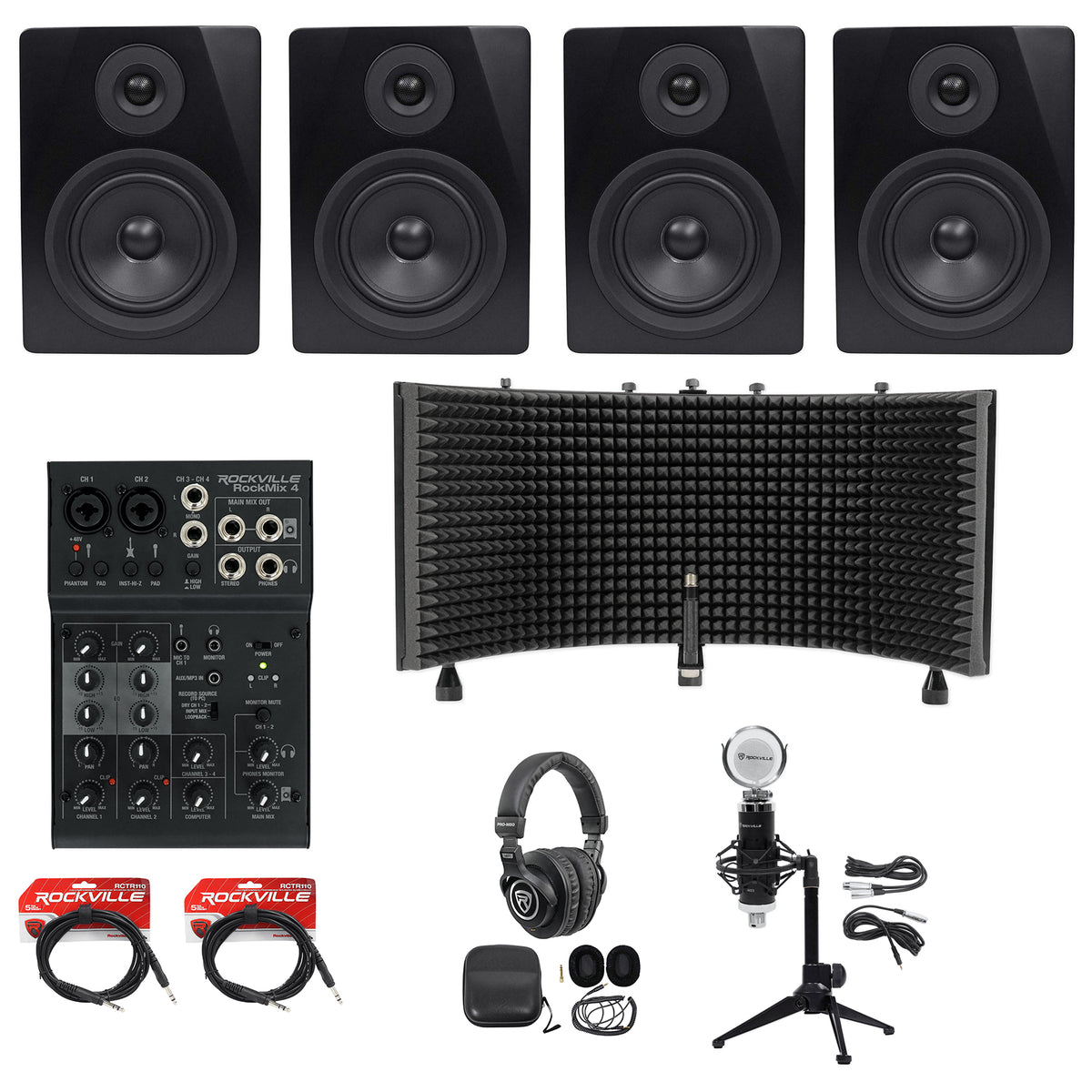 Recording Starter Kit w/ Monitors, Mixer, Mic, Headphones, Shield, Cables