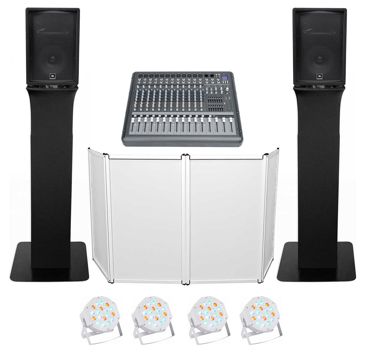 DJ Package with (2) JBL JRX212 2000w 12" Speakers+Mixer+Totem Style Stands+Façade