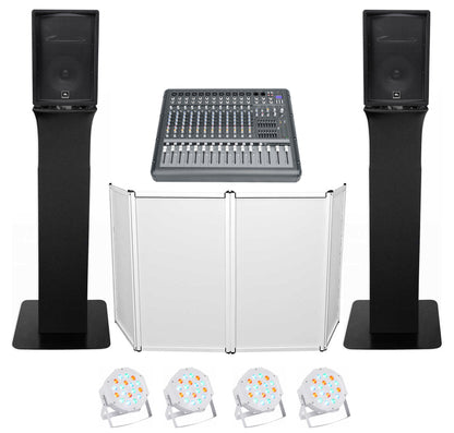 DJ Package with (2) JBL JRX212 2000w 12" Speakers+Mixer+Totem Style Stands+Façade