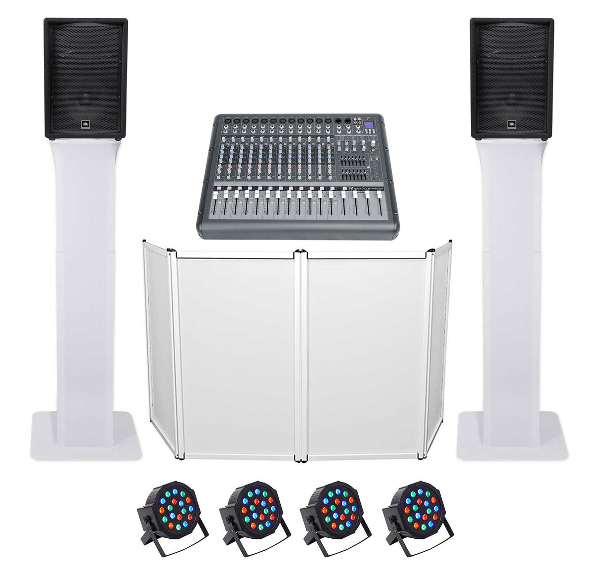DJ Package w/(2) JBL JRX212 2000w 12" Speakers+Powered Mixer+Totem Stands+Facade