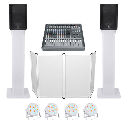 DJ Package with (2) JBL JRX212 2000w 12" Speakers+Powered Mixer+Totem Stands+Facade