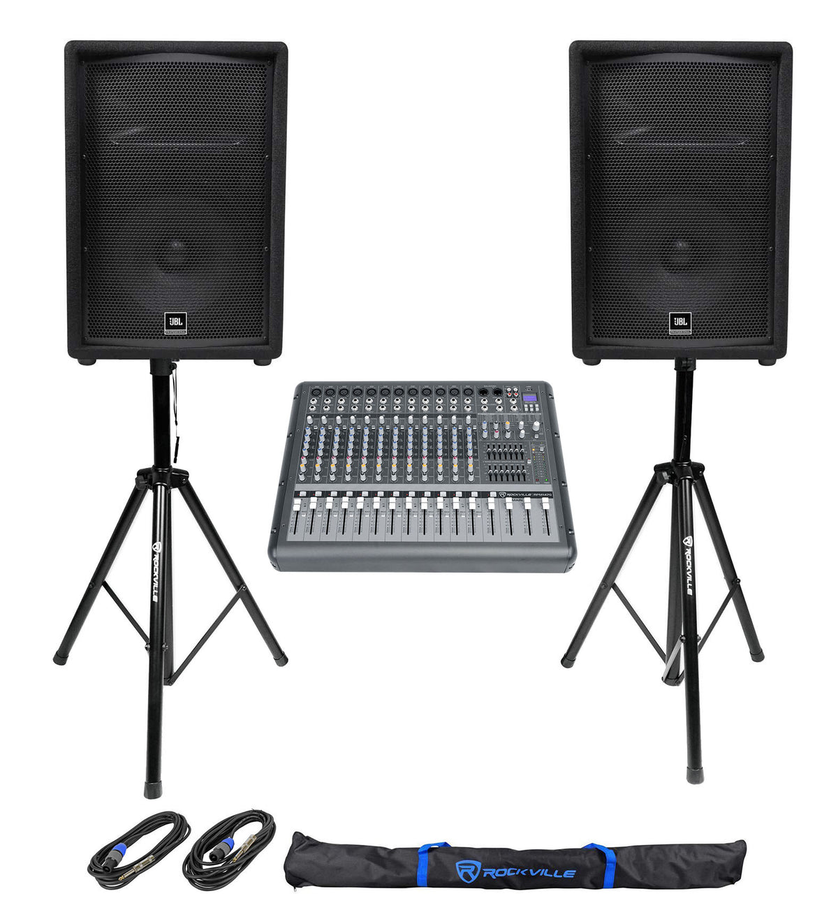 2) JBL Pro JRX212 12" 2000w PA/DJ Speakers+Powered 14-Channel Mixer w/USB+Stands