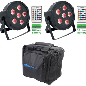 2) Rockville BATTERY PAR 61 Rechargeable RGBWA+UV DMX DJ Wash Lights+Remotes+Bag