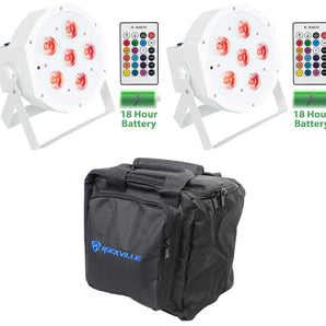 2 Rockville BATTERY PAR 61 White Rechargeable RGBWA+UV DMX DJ Lights+Remotes+Bag