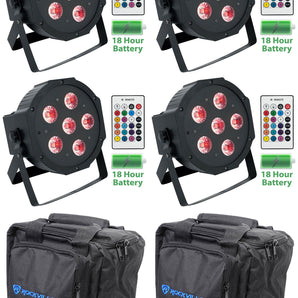 4 Rockville BATTERY PAR 61 Rechargeable RGBWA+UV DMX DJ Wash Lights+Remotes+Bags